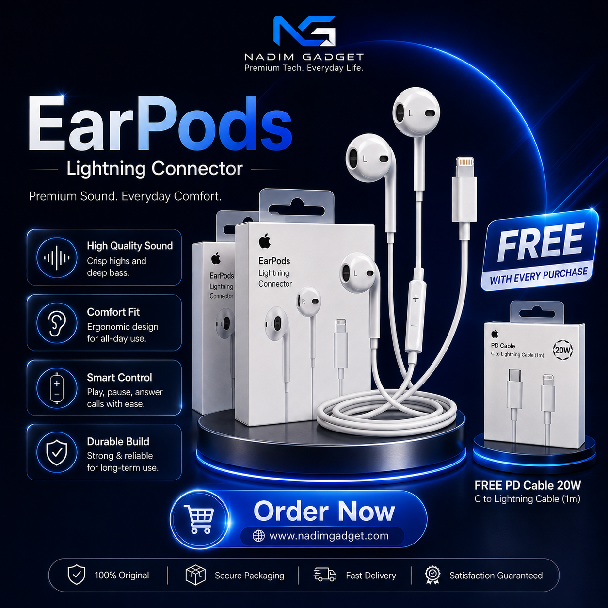 EarPods with Lightning Connector for iPhone | Wired Earphone with Mic & Volume Control | Premium Sound | FREE 20W Type-C to Lightning PD Cable 1M