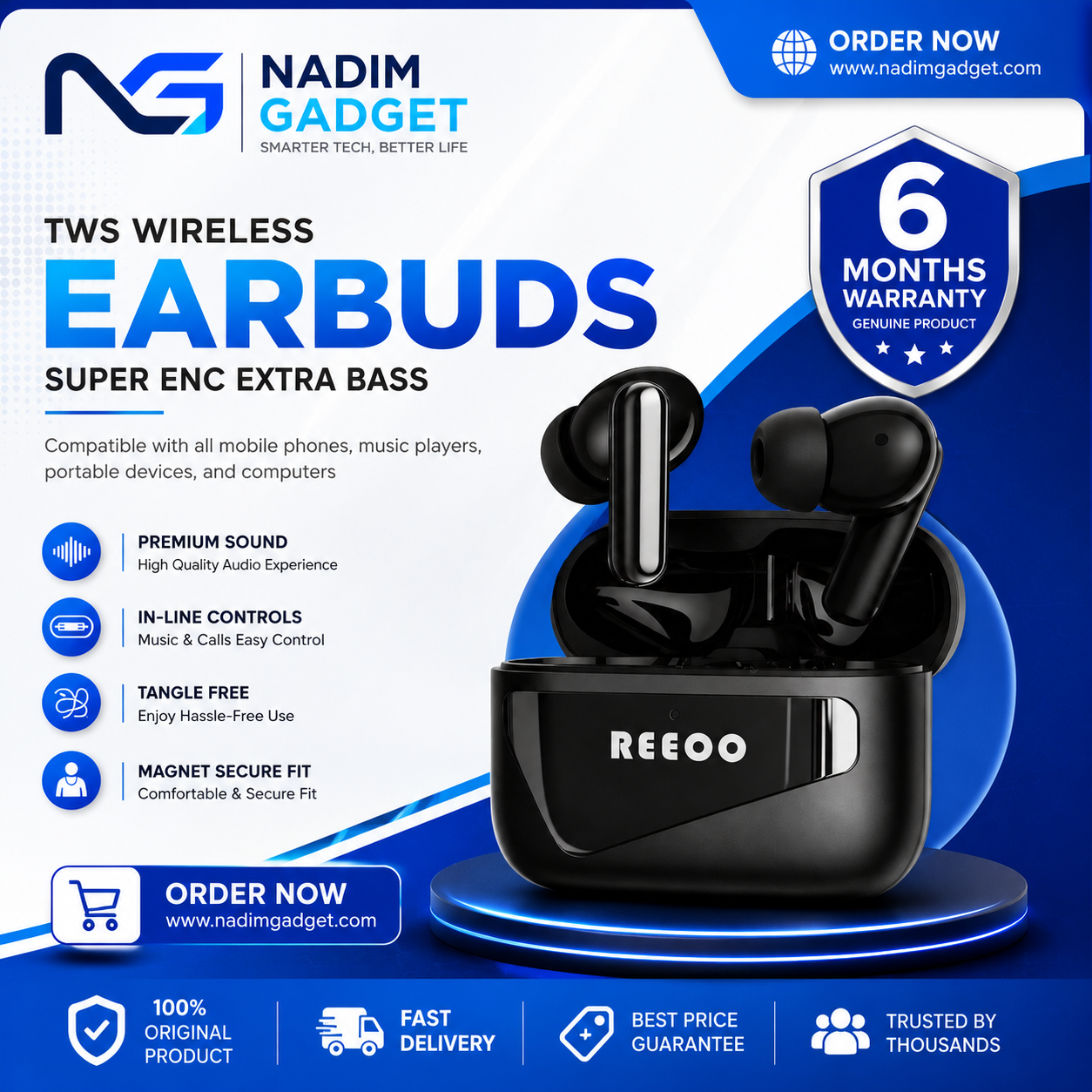 REEOO TWS Wireless Earbuds Super ENC Extra Bass